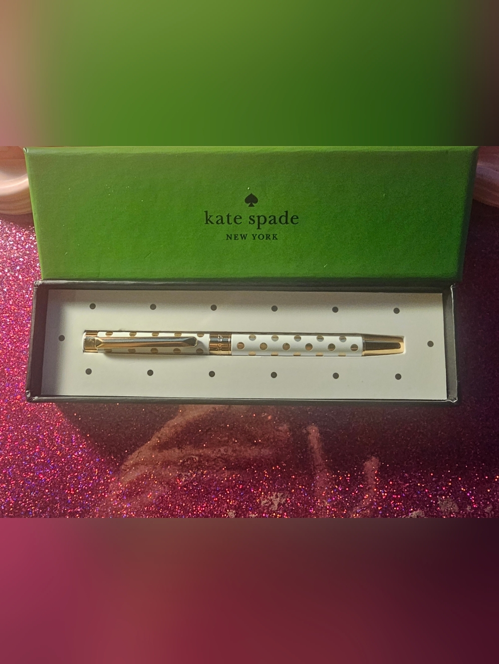 Kate Spade Gold & White Polka Dot Ballpoint Pen Lime Green Logo Gift Box